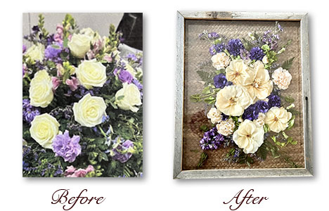 Roses pressed with purple flowers in rectangle barnwood encasement