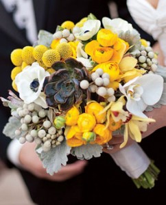 Adding yellow Billy Balls to your bouquet makes it look fun and artistic.