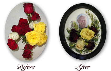 red and yellow funeral roses preserved and designed in arch around photo in brown frame