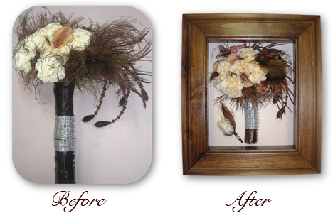 preservation of 1920s style bouquet with feathers and boutonnière in brown wood shadow box