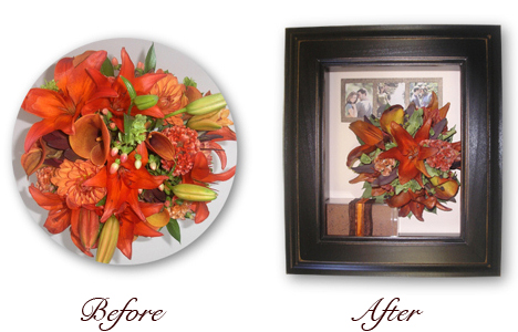 bridal bouquet with orange lilies preserved and encased with photos of bride and groom