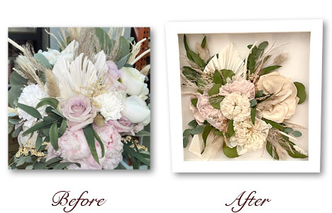 Pressed bouquet with pink and yellow roses and greenery