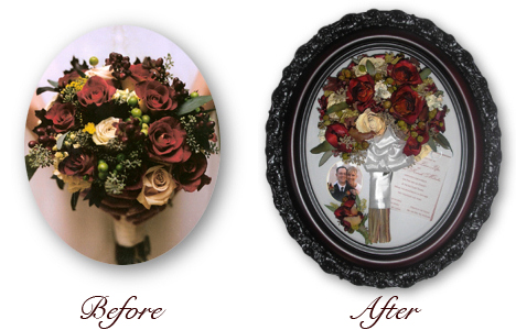 wedding bouquet with red roses preserved in brown oval frame encasement