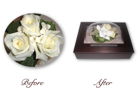 brown wood jewelry box encasement with flower preservation of white roses
