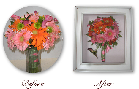 pink and orange daisies bouquet preservation and boutonnière in white shadow box encasement