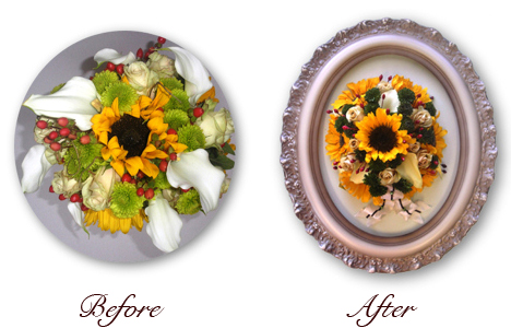 preservation of bright yellow sunflowers bouquet in white frame