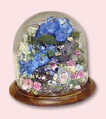 table dome encasement memorial keepsake with preserved funeral flowers and photo of baby