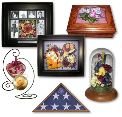 collage of various encasements and styles of preserved funeral flowers and memorabilia