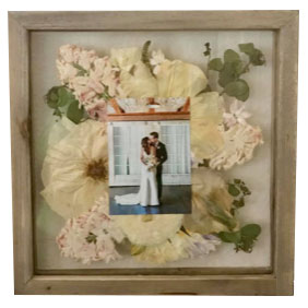 Wedding bouquet flowers pressed with photo of bride and groom