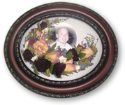 tribute flowers framed keepsake with red roses and photo of deceased gentleman